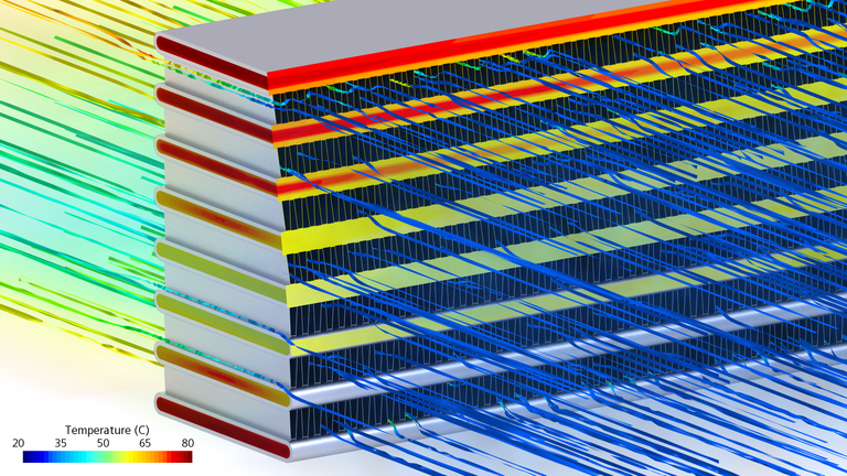 3D-Modell eines Wärmeübertragers mit Stromlinien des Geschwindigkeitsfeldes an dem die Temperaturverteilung gezeigt wird.