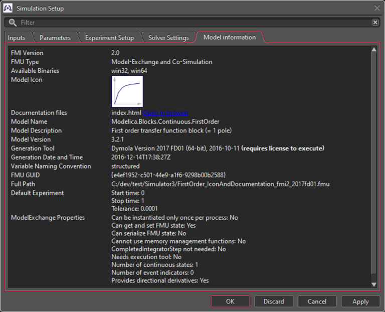 Model Information Dialog Screenshot des Reiters "Model Information" im Simulation Setup Fenster des TLK-Simulator für Excel. Es werden allgemeine FMU-Model Informationen, wie FMI-Versionen und verfügbare Binaries angegeben.