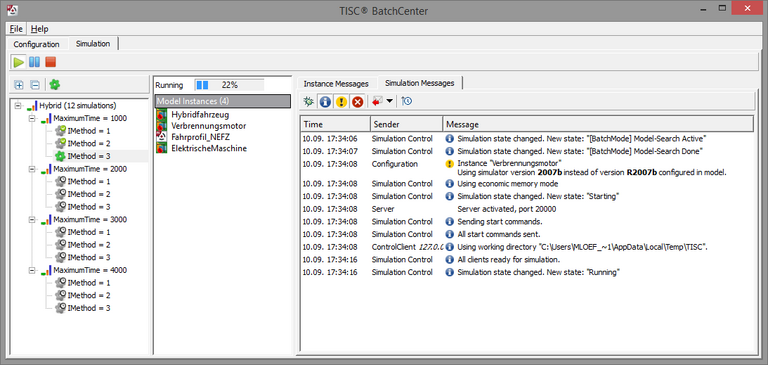 TISC Batch Center Overview TISC Batch Center displaying parameterized models, logs and simulation instances.
