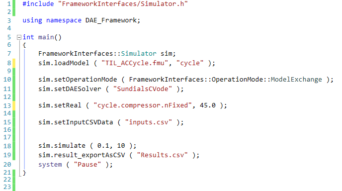 Code Auschnitt TLK Simulator für C/C++ Code in C++ zeigt Laden, Bedaten und Simulieren von FMUs mit TLK-Simulator für C/C++.