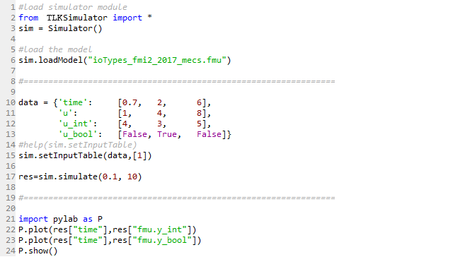 TLK Simulator für Python Code Python-Code zeigt Laden, Bedaten, Simulieren und Visualisieren von FMUs mit dem TLK-Simulator für Python.